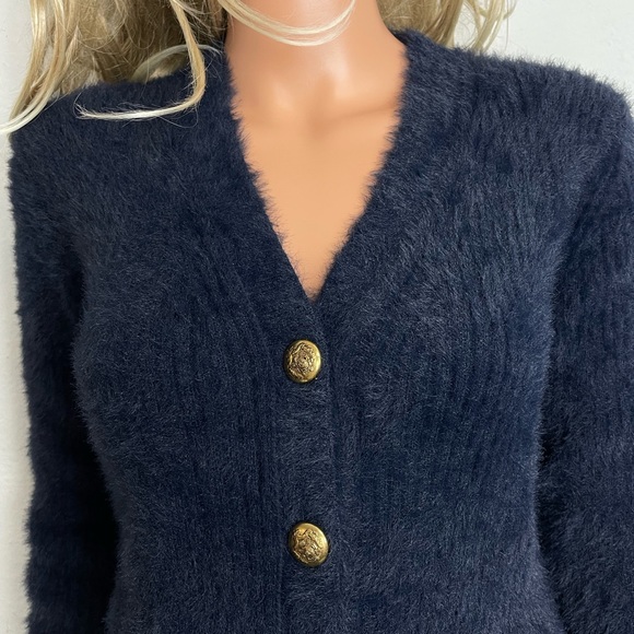 Banana Republic Sweater Cardigan Navy Blue w Gold Buttons Fuzzy sz XS - Picture 2 of 7